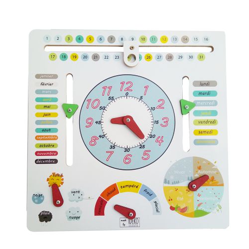 Mon calendrier , jeu éducatif en bois pour apprendre en Français l’heure, les jours, les mois, les saisons, la météo