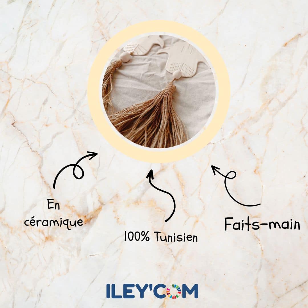 Chapelet en céramique avec pampille en jute (95 cm) - artisanat Tunisien fait main | ILEYCOM