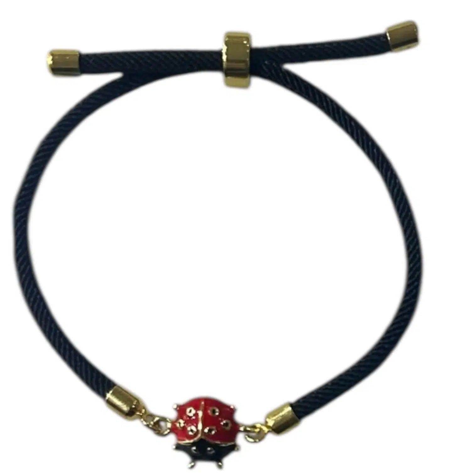 Bracelet en cordon NOIR avec coccinelle ROUGE ronde