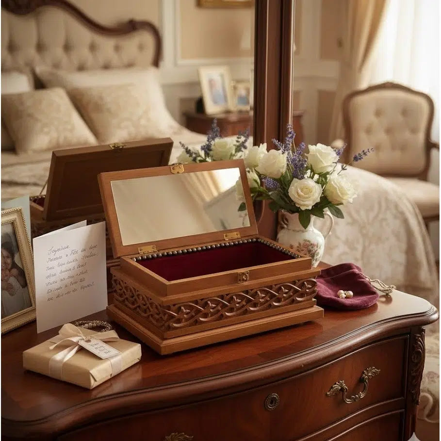 coffret bijoux en bois sculpté à la main pour un rangement élégant