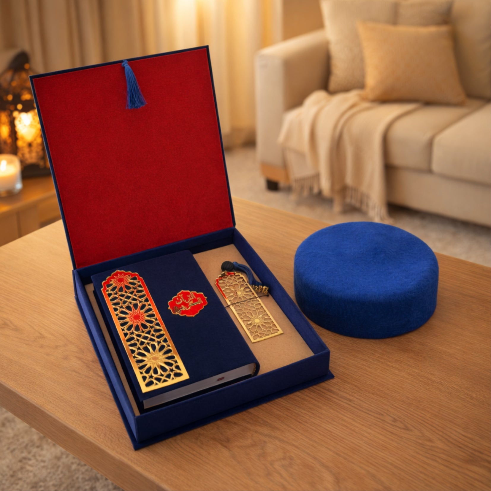 Coffret Coran bleu avec marque-page à l’ambre et chechia