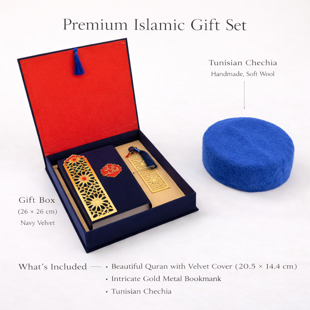 Coffret Coran bleu avec marque-page à l’ambre et chechia
