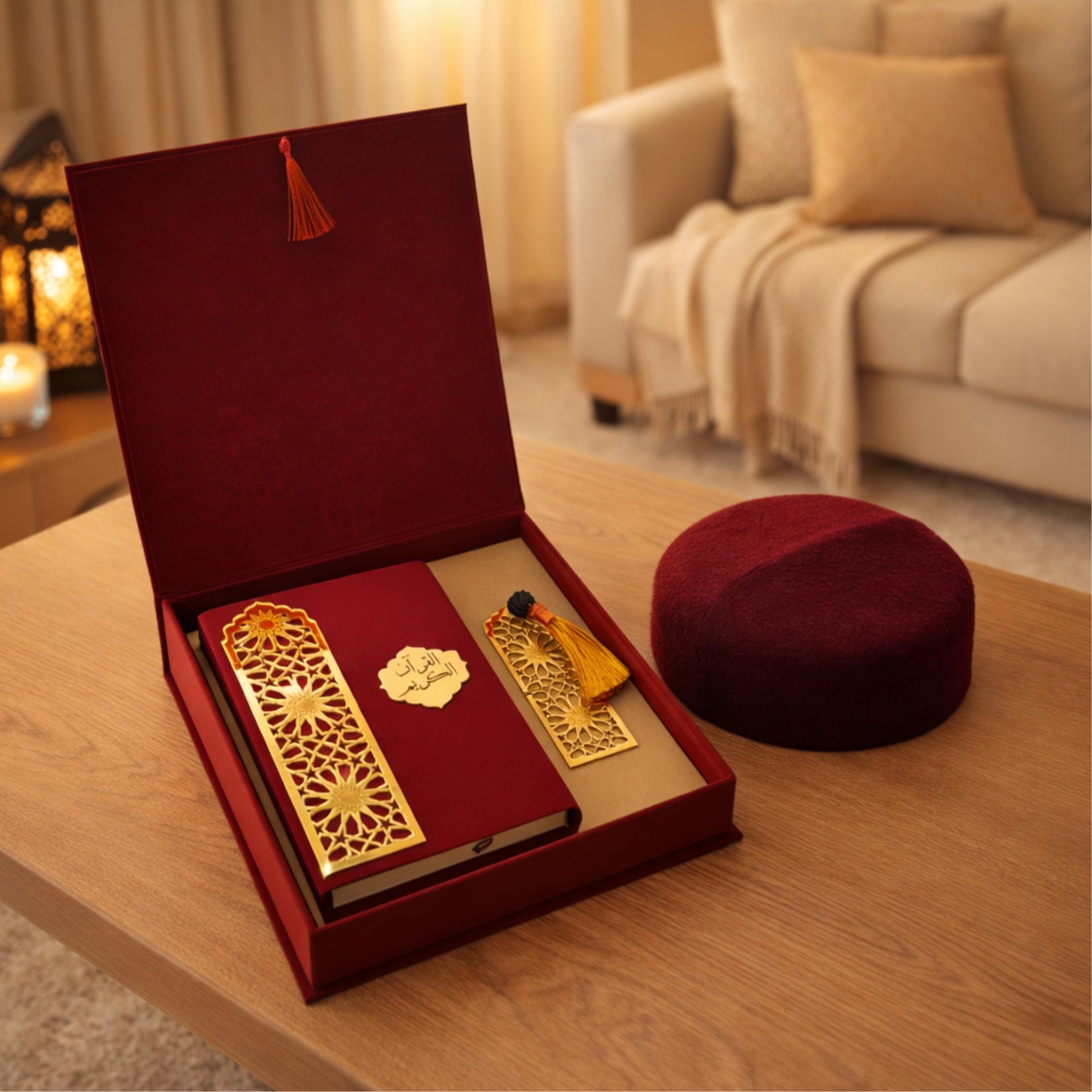 Coffret Coran rouge avec marque-page à l’ambre et chechia