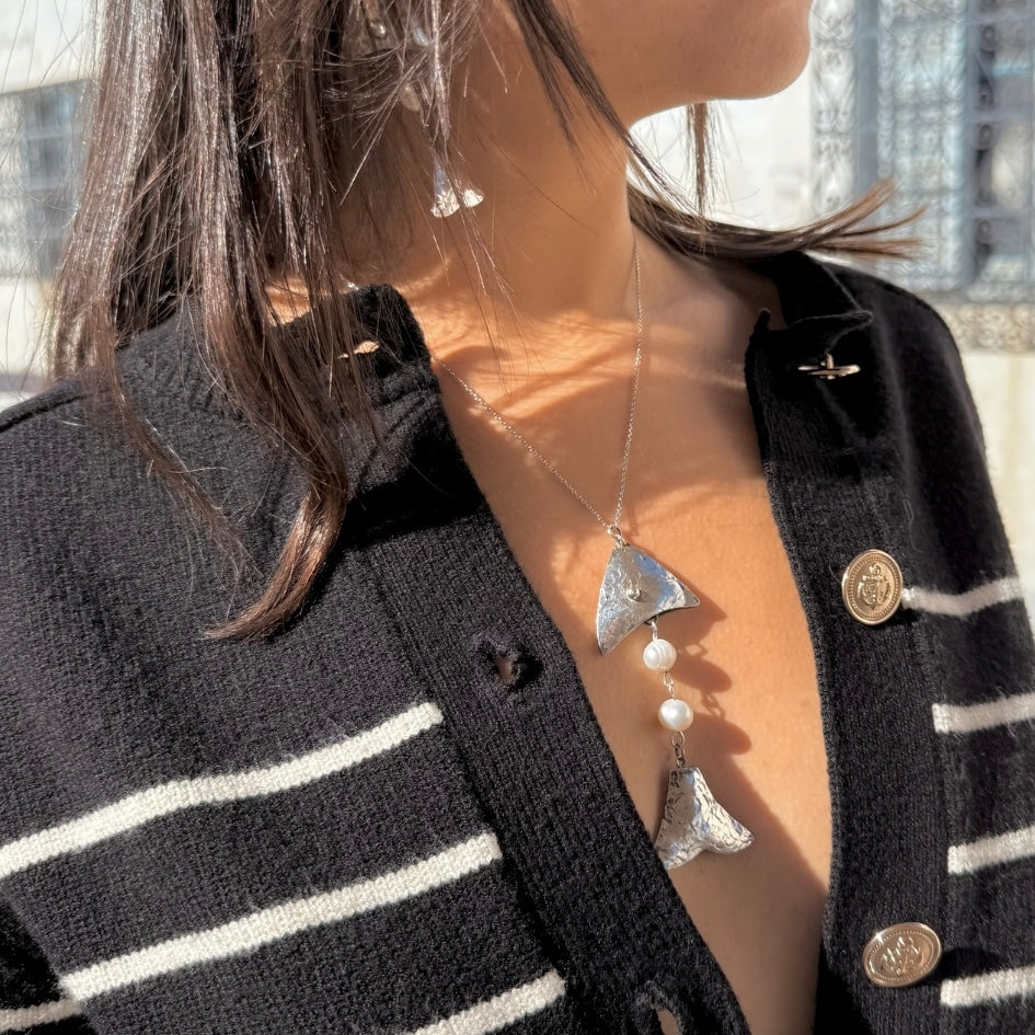 Collier en argent 850 avec pendentif poisson et perle - artisanat Tunisien fait main | ILEYCOM