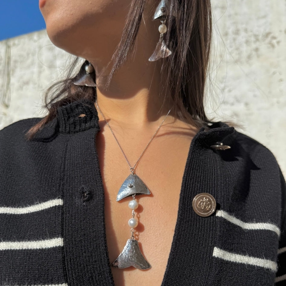 Collier en argent 850 avec pendentif poisson et perle - artisanat Tunisien fait main | ILEYCOM