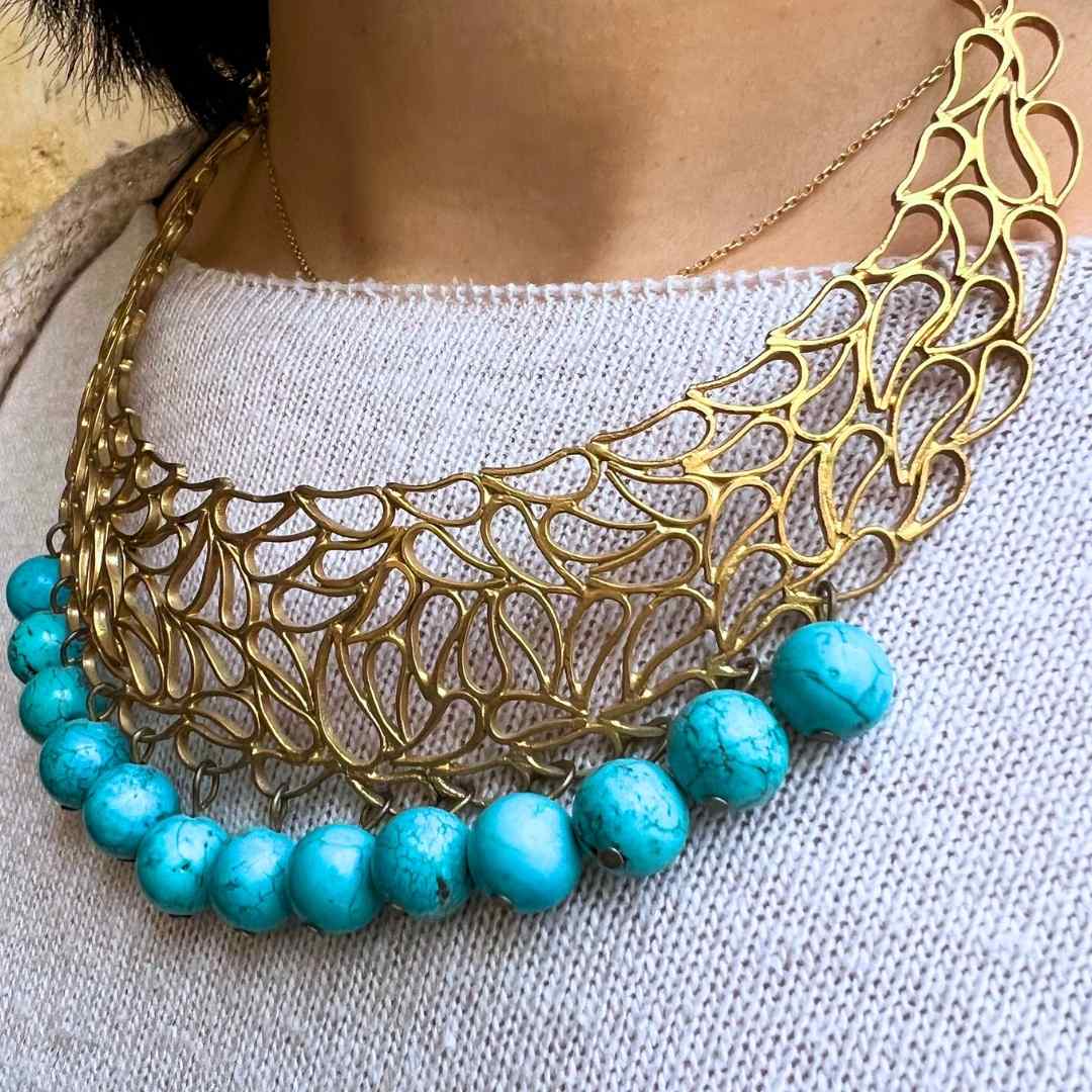 Collier en Cuivre avec Perles Turquoises - Bijou en perles élégant unique pour F - artisanat Tunisien fait main | ILEYCOM
