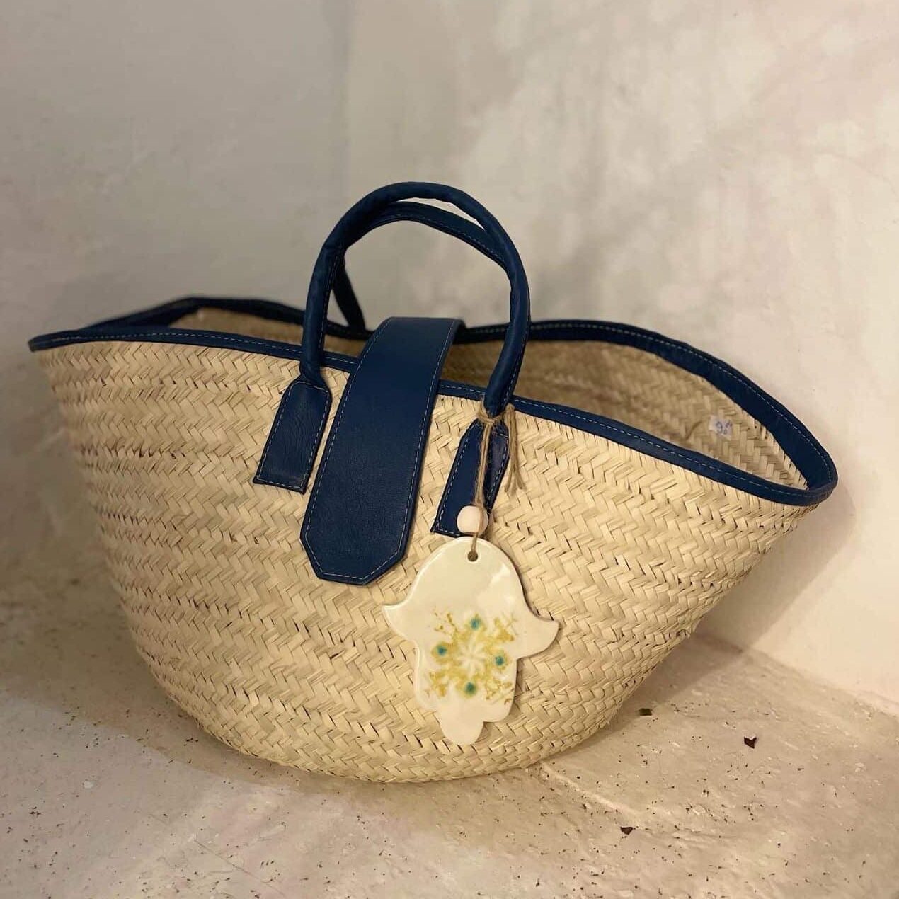 XXL Beach Basket with Genuine Leather Handles and Traditional Ceramic Pattern, H 30 cm x W 58 cm