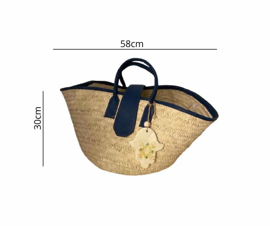 Couffin XXL de Plage avec Anses en Cuir Véritable et Motif en Céramique Traditionnelle, H 30 cm x L 58 cm