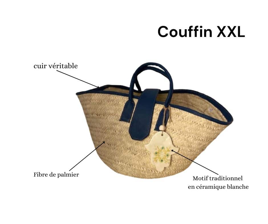 Couffin XXL de Plage avec Anses en Cuir Véritable et Motif en Céramique Traditionnelle, H 30 cm x L 58 cm