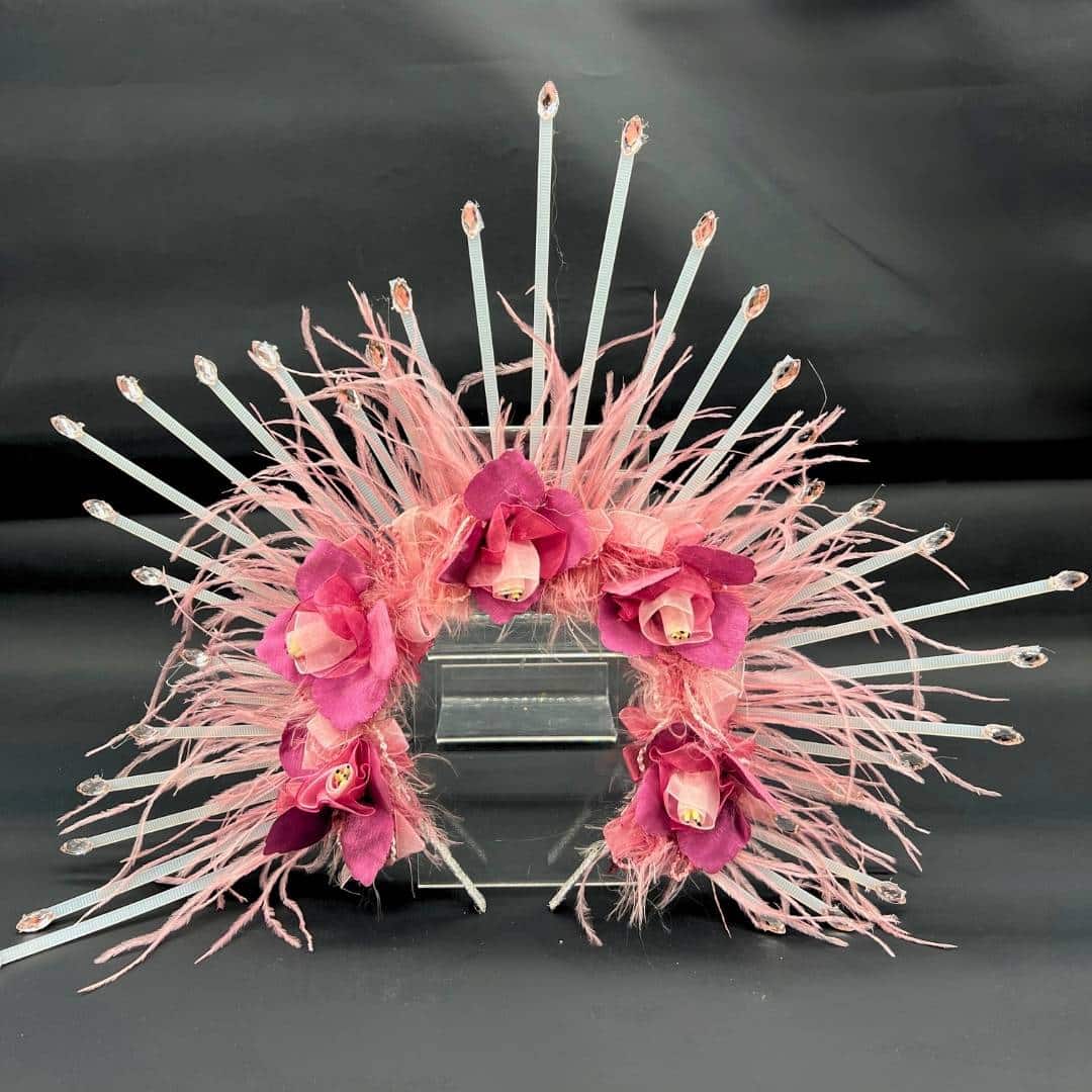 Couronne Festive Soleil avec des fleurs et des plumes fines en rose - artisanat Tunisien fait main | ILEYCOM