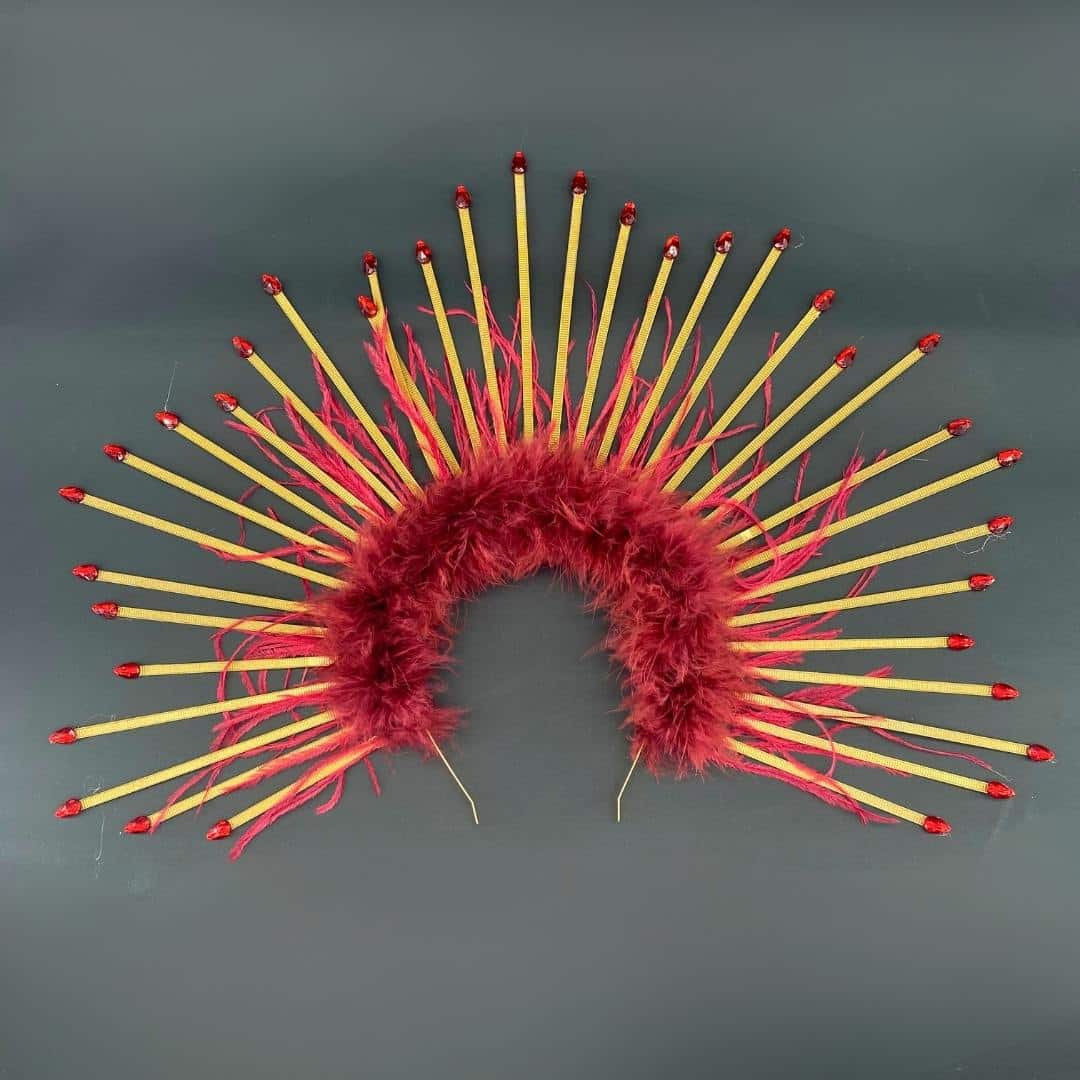 Couronne Soleil avec plumes rouges bordeaux - artisanat Tunisien fait main | ILEYCOM