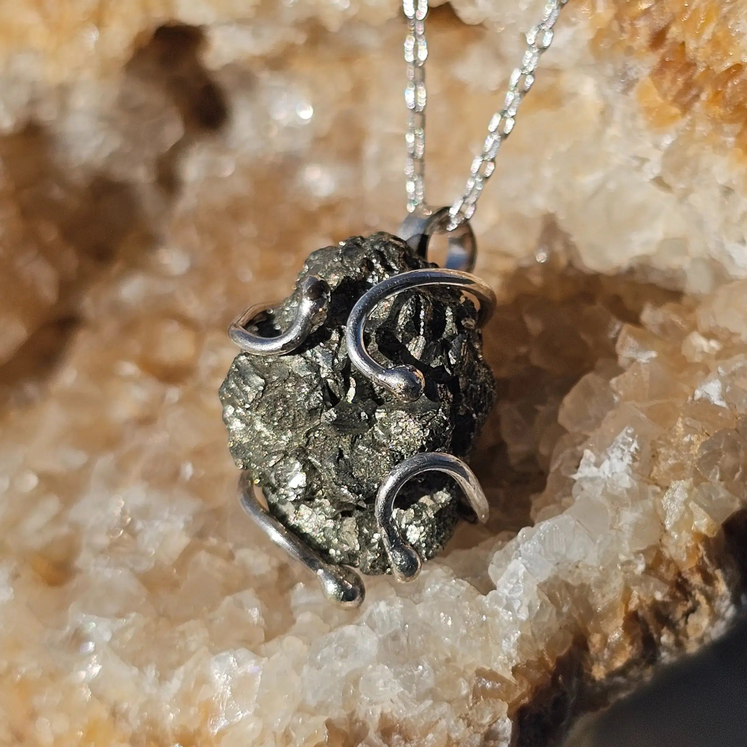 925 silver necklace with raw Pyrite pendant surrounded by silver (45cm)