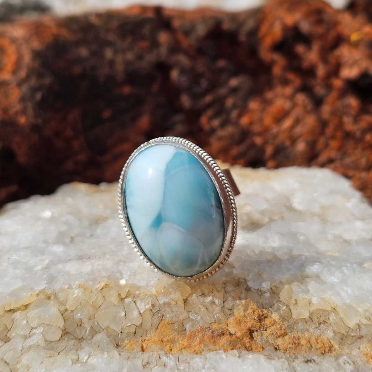 bague Larimar bleu en argent 925 ajustable luxe unique