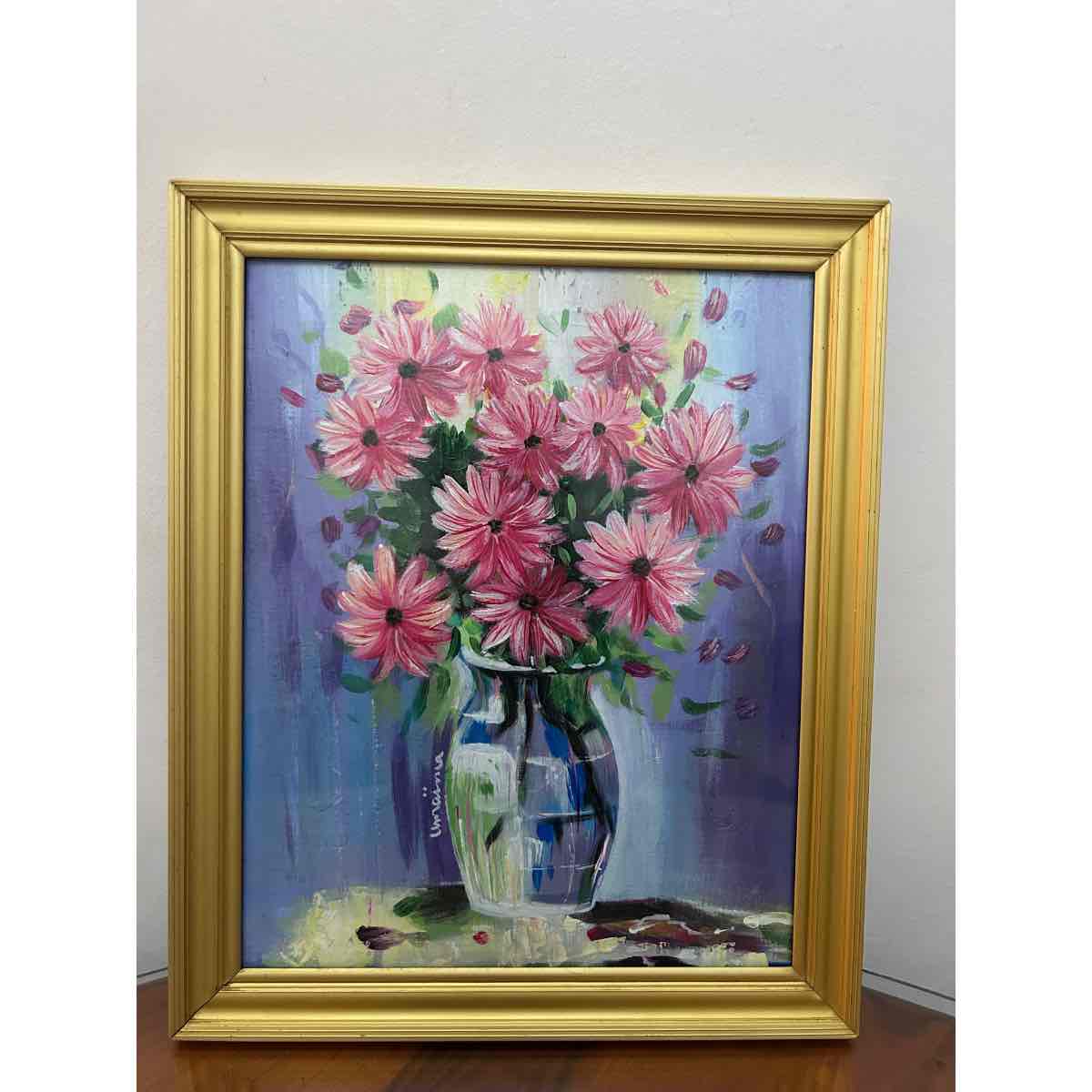 tableau floral unique en acrylique cadre vintage 1980 27x34 cm