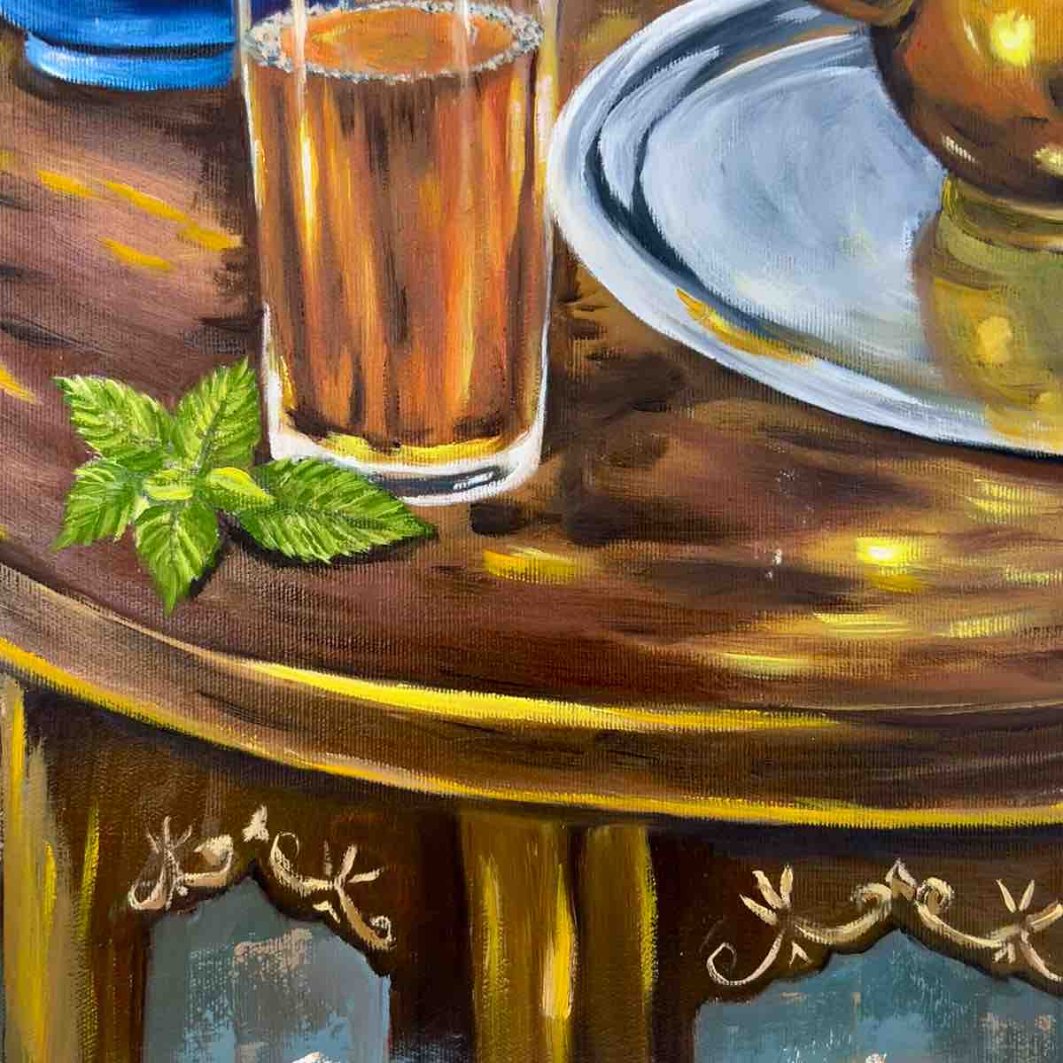 Thé tunisien peinture à l'huile artisanale pour un moment chaleureux