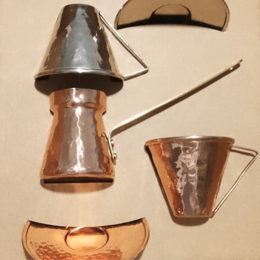 Coffret turc en cuivre martelé – Tasse + Sous-tasse + Zazoua (finitions argent/rosé)