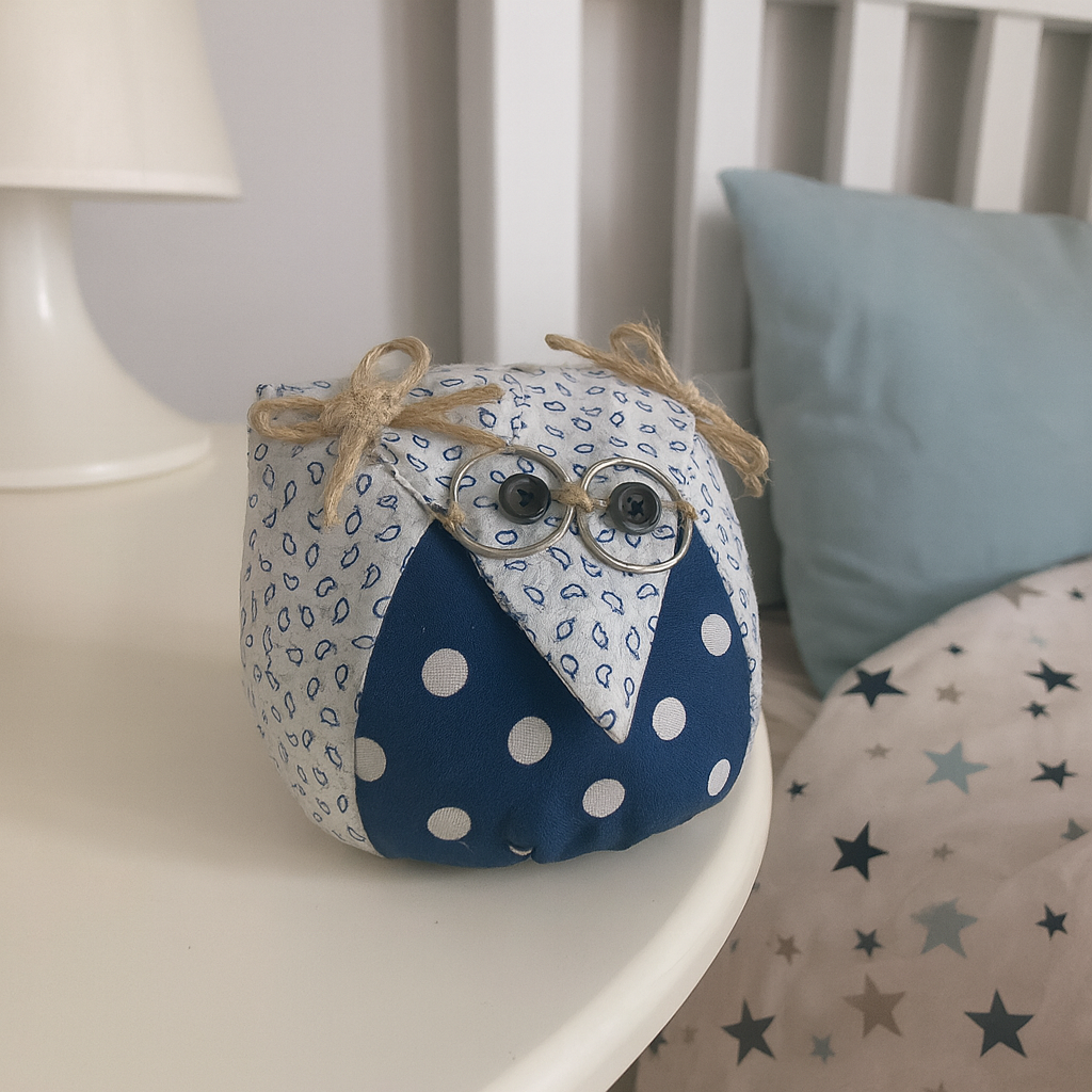 Hibou décoratif artisanal en tissu avec lunettes