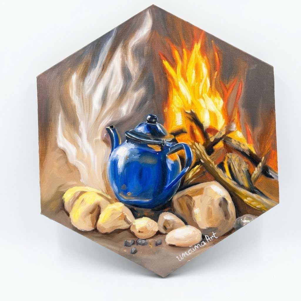 tableau théière hexagonal artisanal pour une décoration chaleureuse