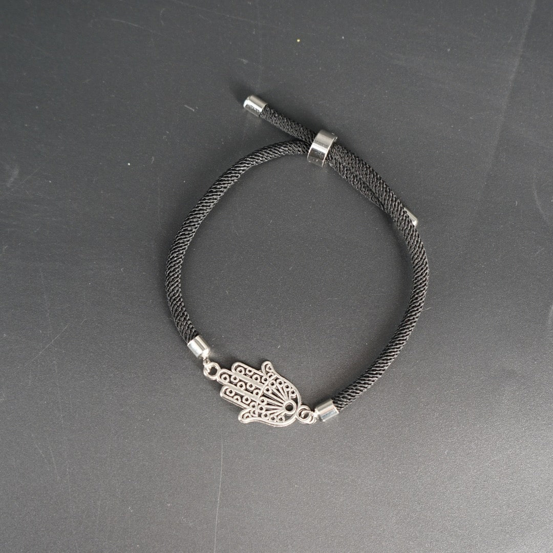 Bracelet Cordon Noir Argent Khomsa ajustable