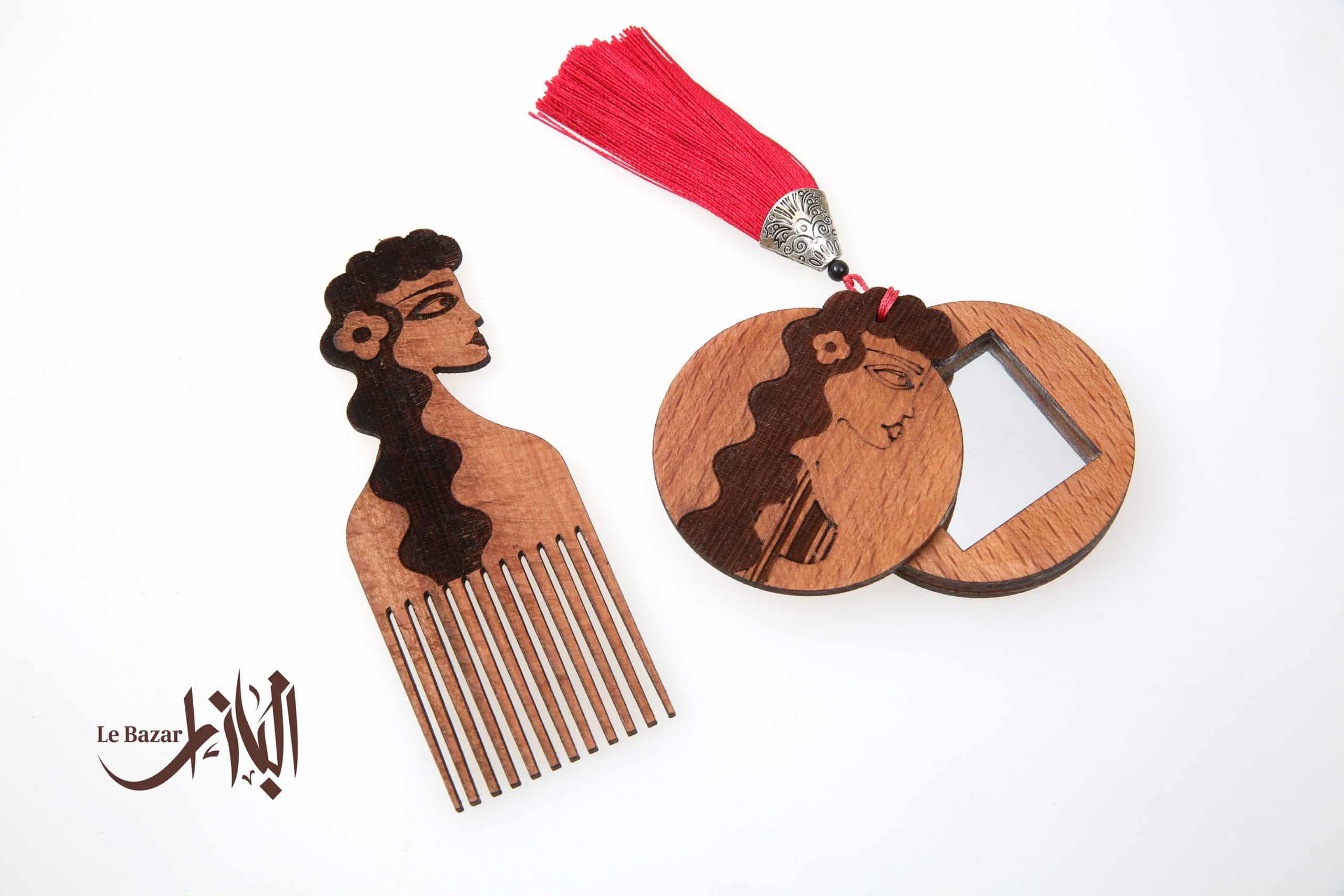 Ensemble Miroir de Poche & Peigne en Bois – Style Africain