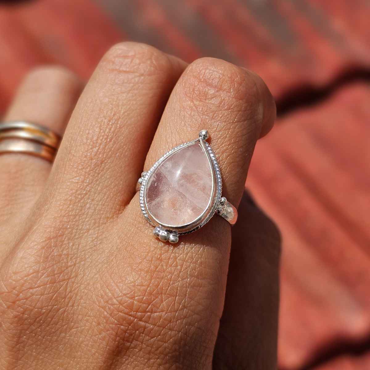 Bague Rose Quartz en argent 925 massif ajustable