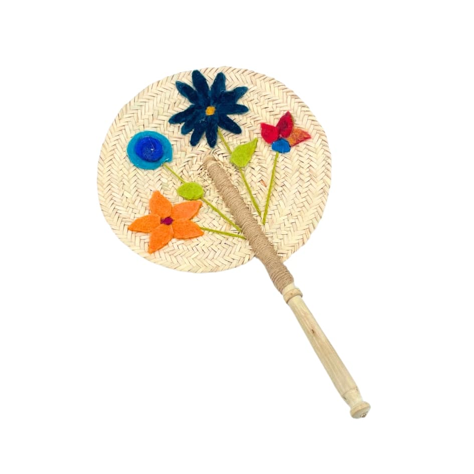 Éventail rond traditionnel en jute à motifs de fleurs orange et bleu