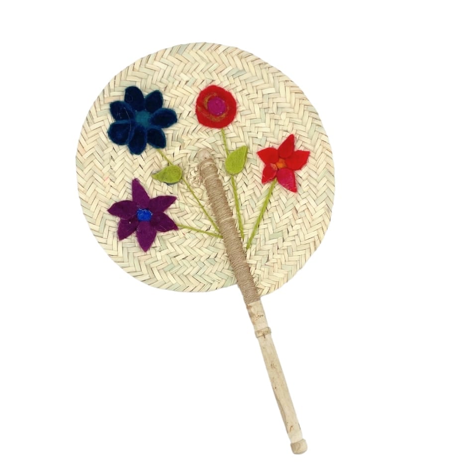 Éventail rond traditionnel en jute à motifs de fleurs