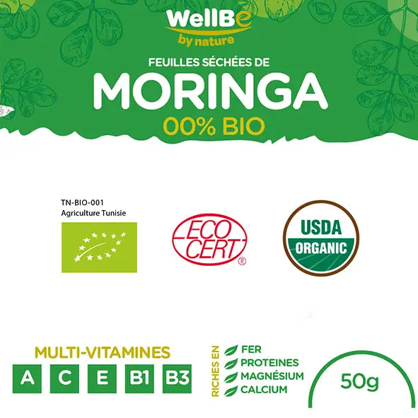 Feuilles séchées de Moringa Certifiée Biologique - artisanat Tunisien fait main | ILEYCOM