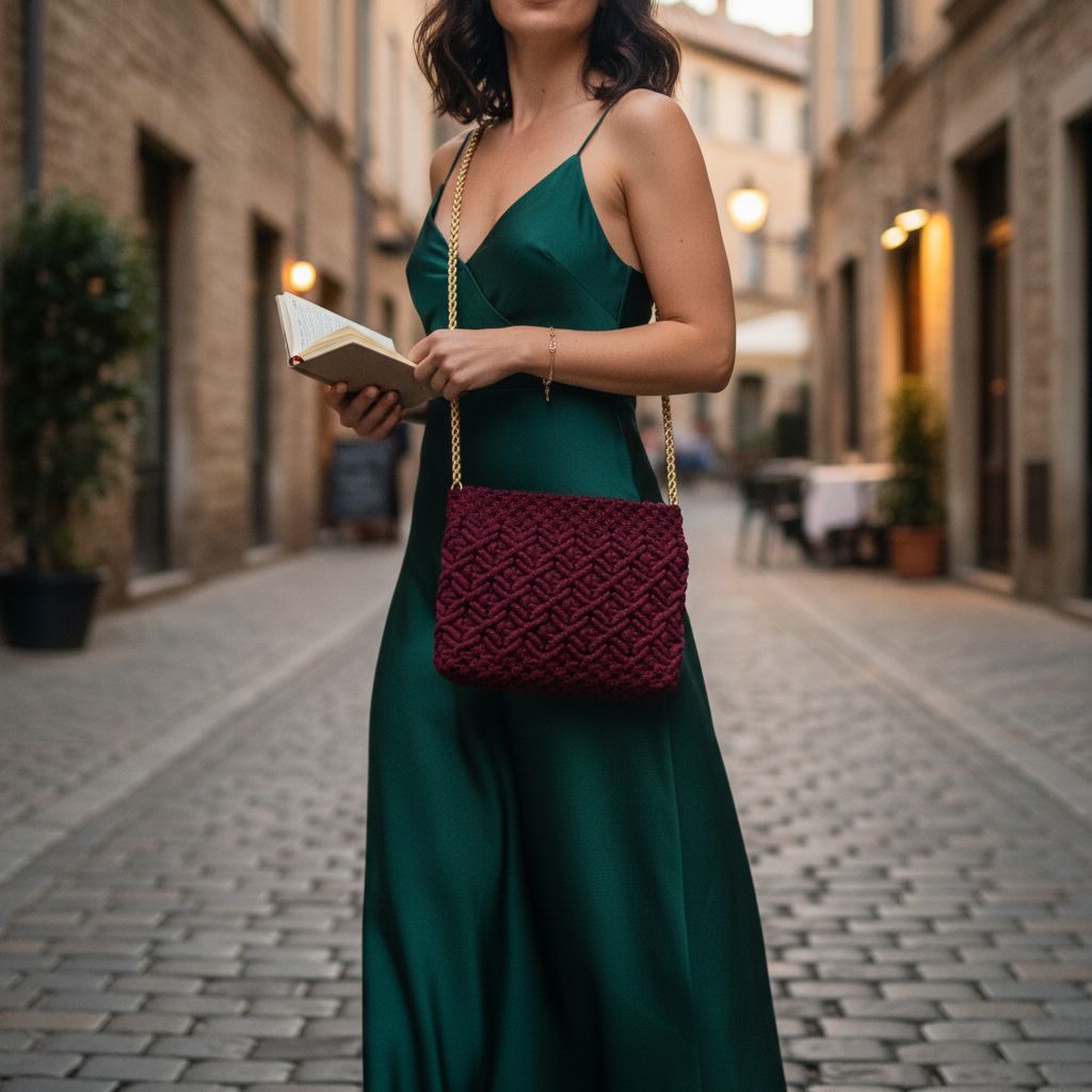 Sac losange en macramé bordeaux avec chaîne dorée amovible