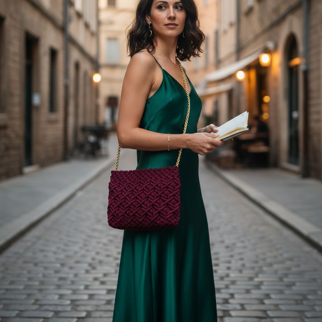 Sac losange en macramé bordeaux avec chaîne dorée amovible