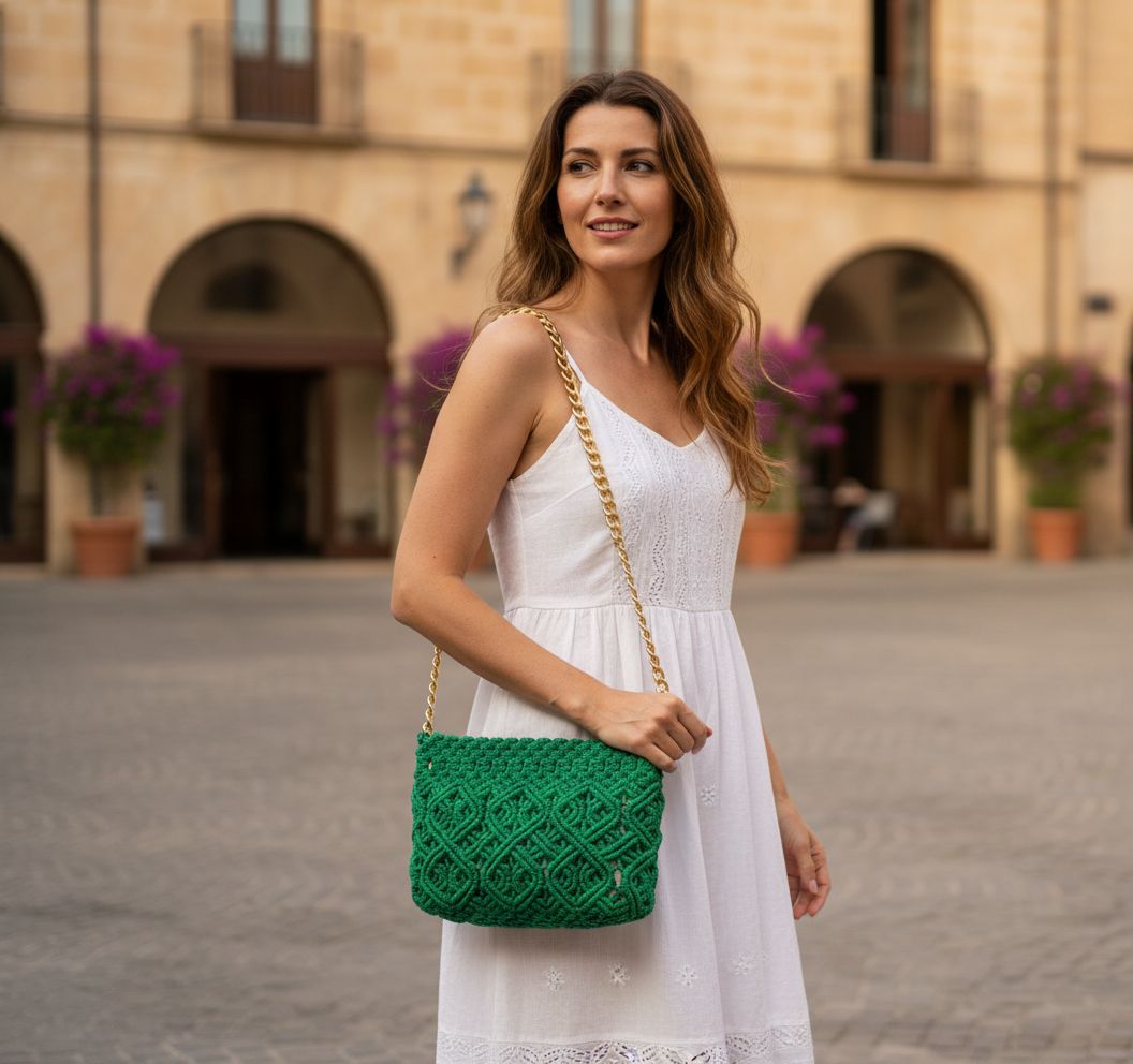 Sac macramé torsadé vert avec chaîne dorée amovible