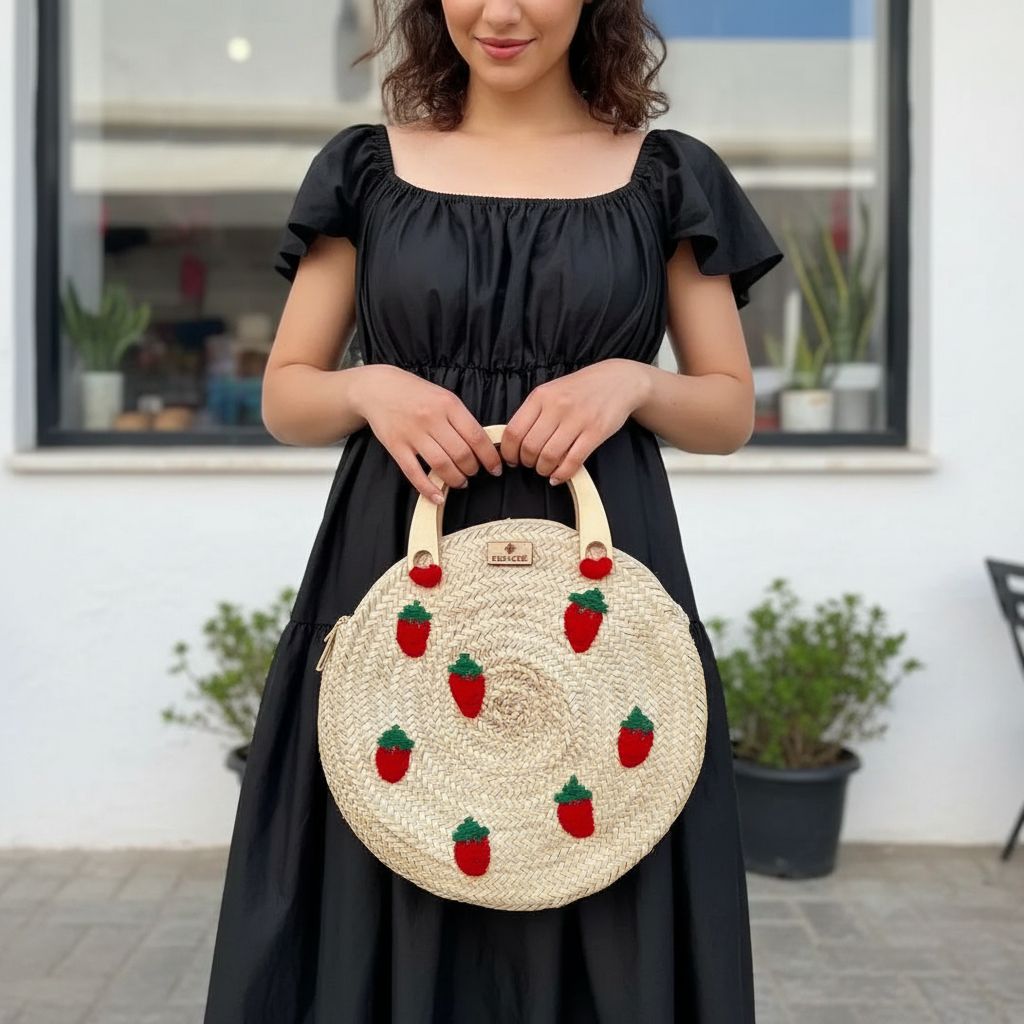Couffin paille chic fait main motif fraises unique et tendance