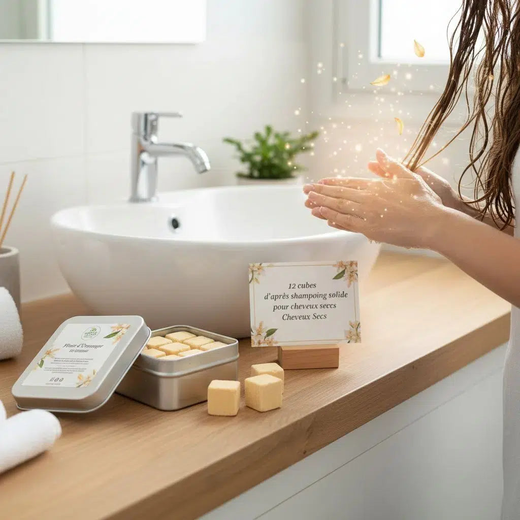 Après-shampoing solide cubes Cheveux Secs Nourrissants à l'huile de Nigelle et Fleur d'Oranger
