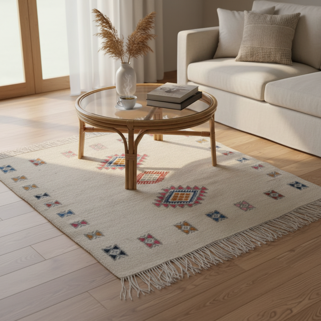 Tapis beige fait main pour un intérieur chic et chaleureux