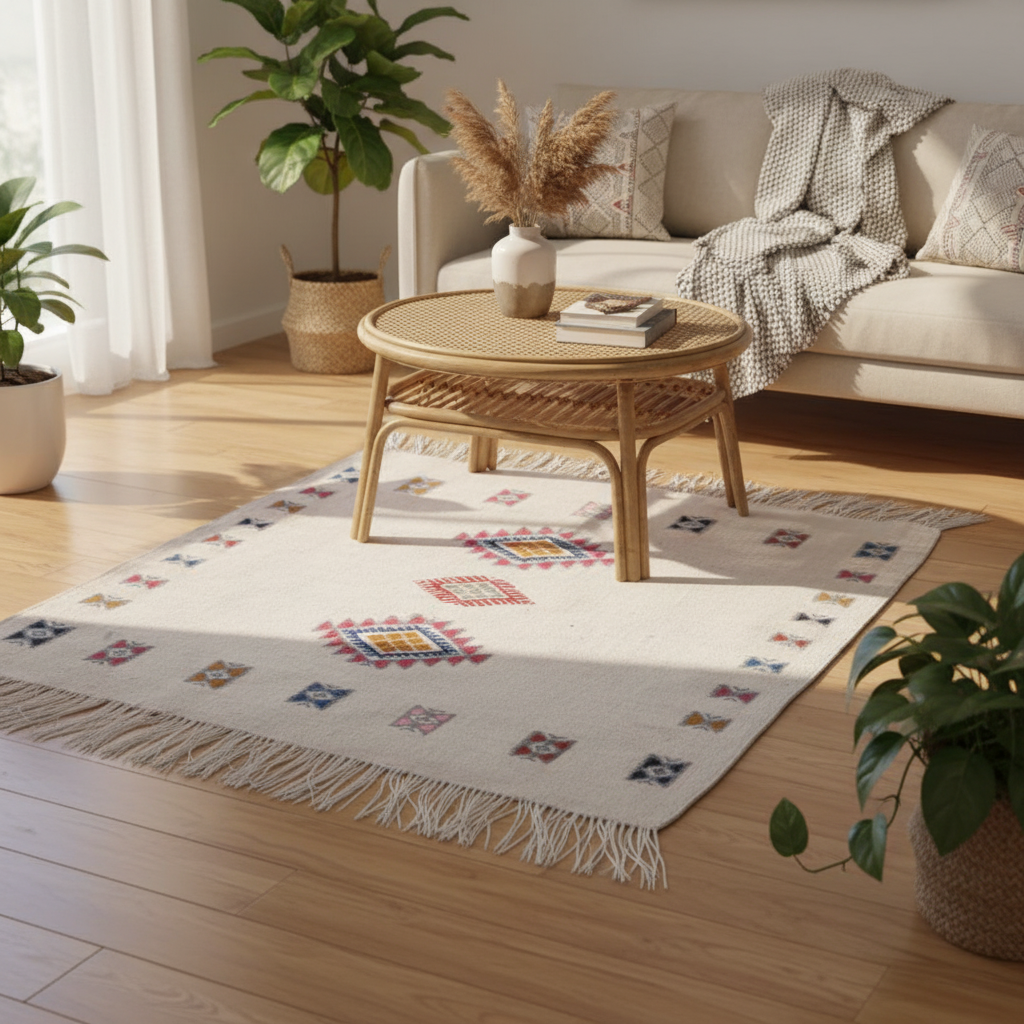 Tapis beige fait main pour un intérieur chic et chaleureux