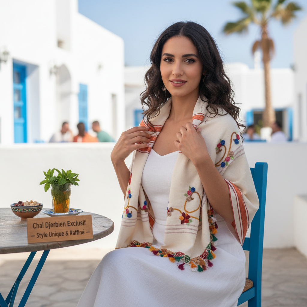 Fouta Djerbienne Chal Djerbien en lin brodé à la main pour un style raffiné et unique 1.5 m x 4 m