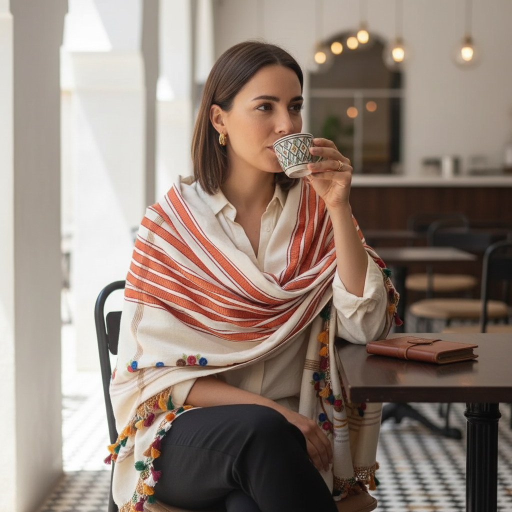 Fouta Djerbienne Chal Djerbien en lin brodé à la main pour un style raffiné et unique 1.5 m x 4 m