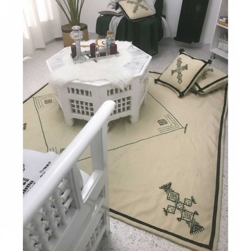 tapis laine brodé à la main avec coussins exclusifs 1 5m