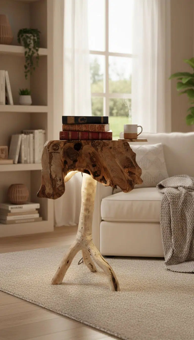 table en bois d'olivier lumineuse pièce d'art unique et cosy