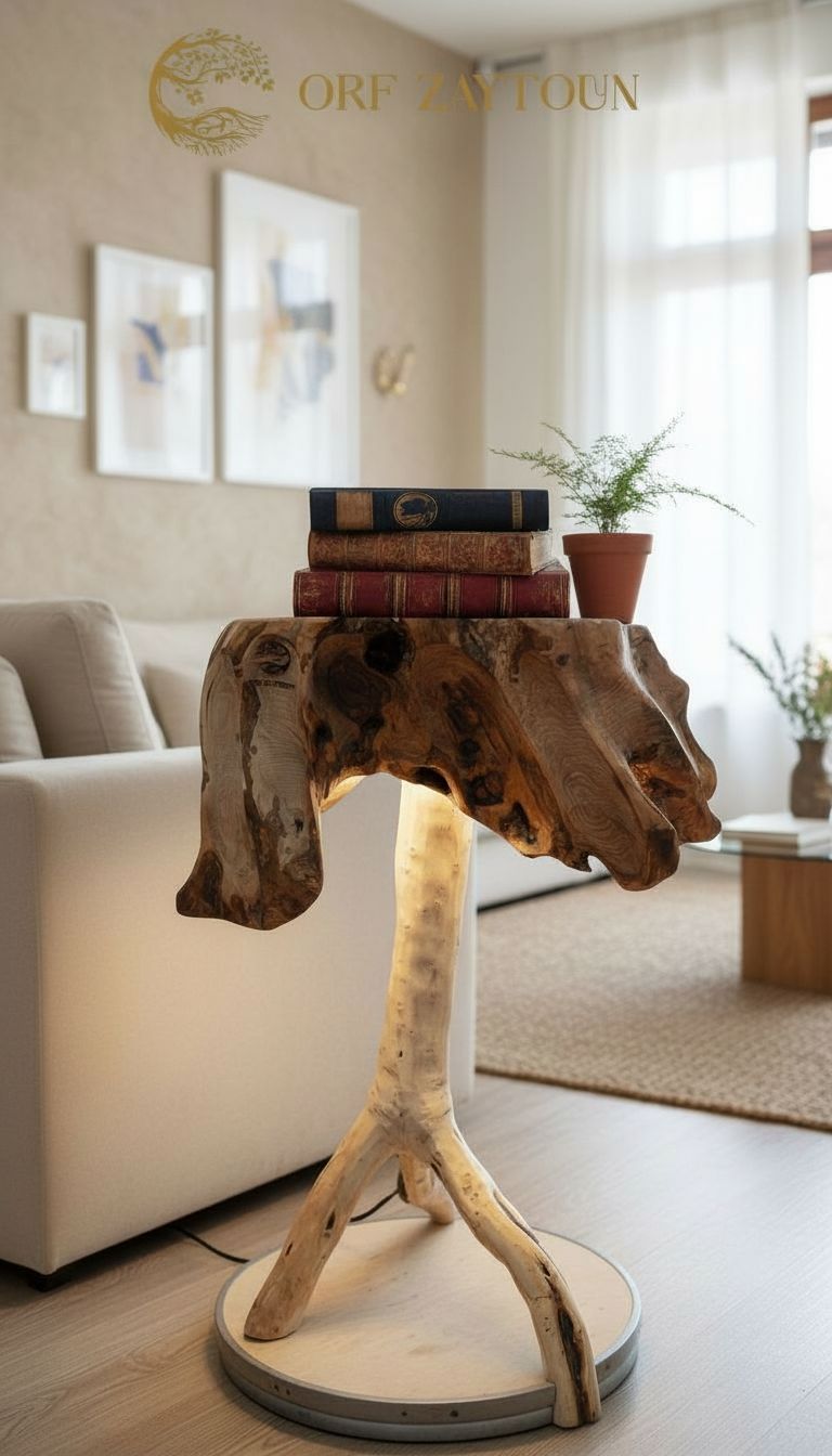 table en bois d'olivier lumineuse pièce d'art unique et cosy