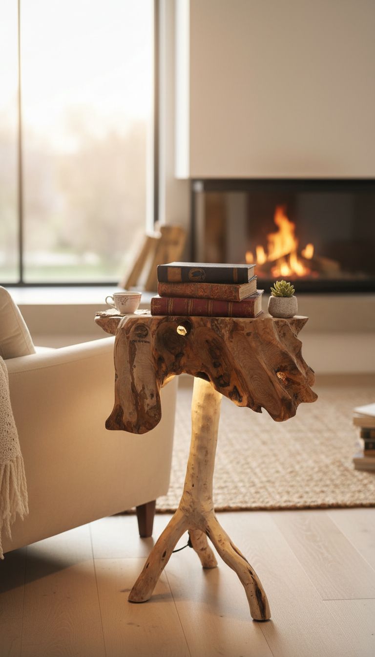 table en bois d'olivier lumineuse pièce d'art unique et cosy