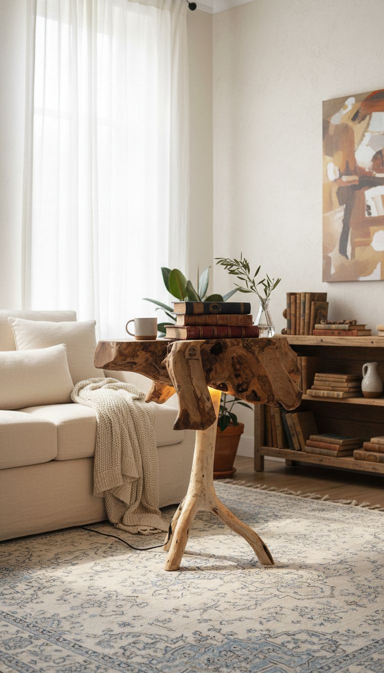 table en bois d'olivier lumineuse pièce d'art unique et cosy