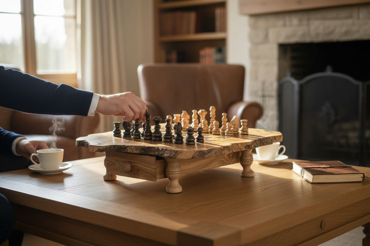 jeu d'échecs artisanal en bois d'olivier avec tiroirs