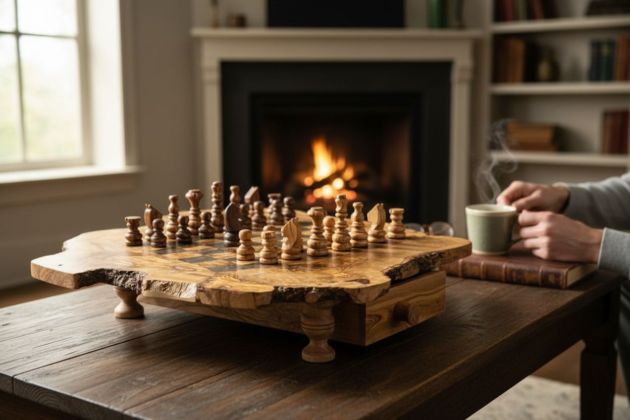 jeu d'échecs artisanal en bois d'olivier avec tiroirs