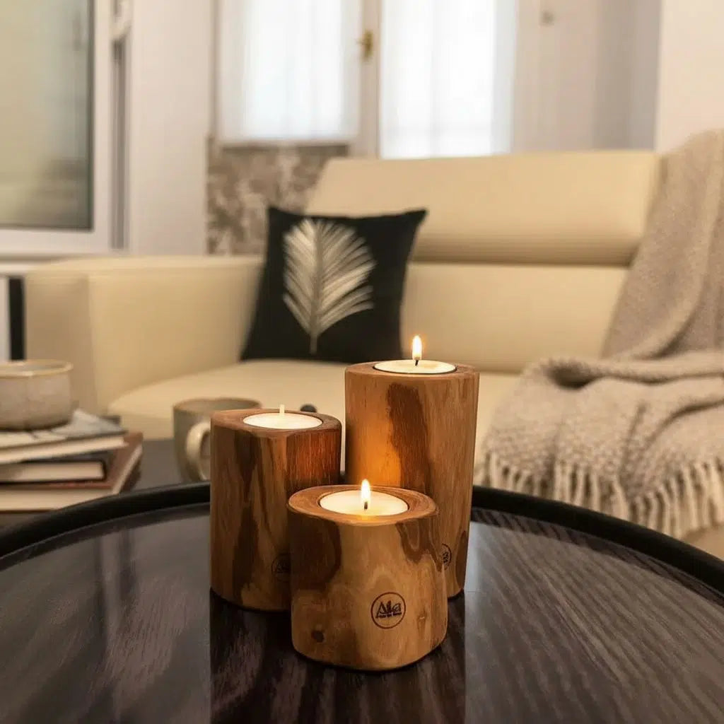 portebougie bois trio artisanal en olivier pour un intérieur chaleureux