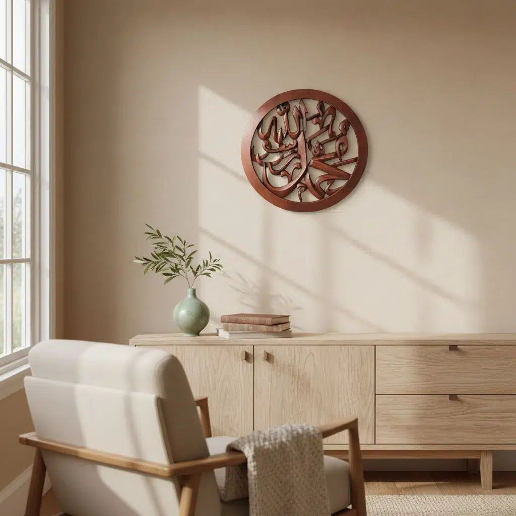 Tableau Islamique rond en bois dure sculpté à la main " محمد رسول الله"