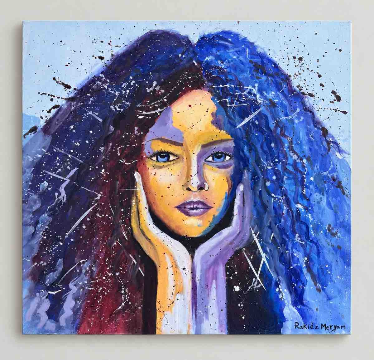 Peinture à l'huile portrait féminin coloré 50x50 cm exclusif