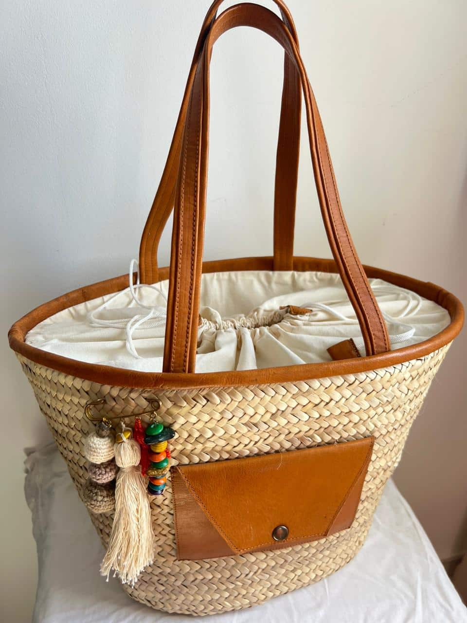 grand couffin avec poche en cuir - artisanat Tunisien fait main | ILEYCOM