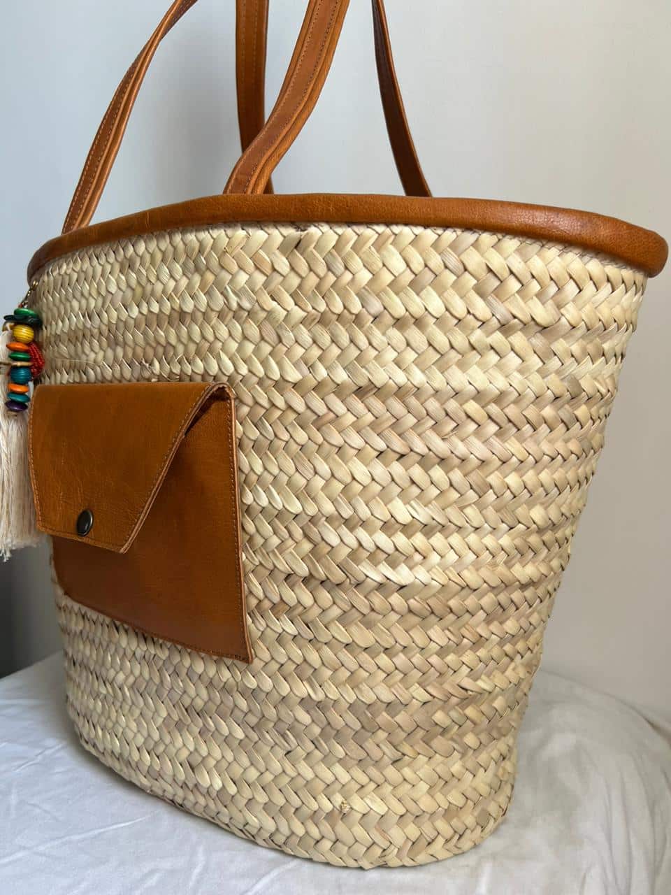 grand couffin avec poche en cuir - artisanat Tunisien fait main | ILEYCOM
