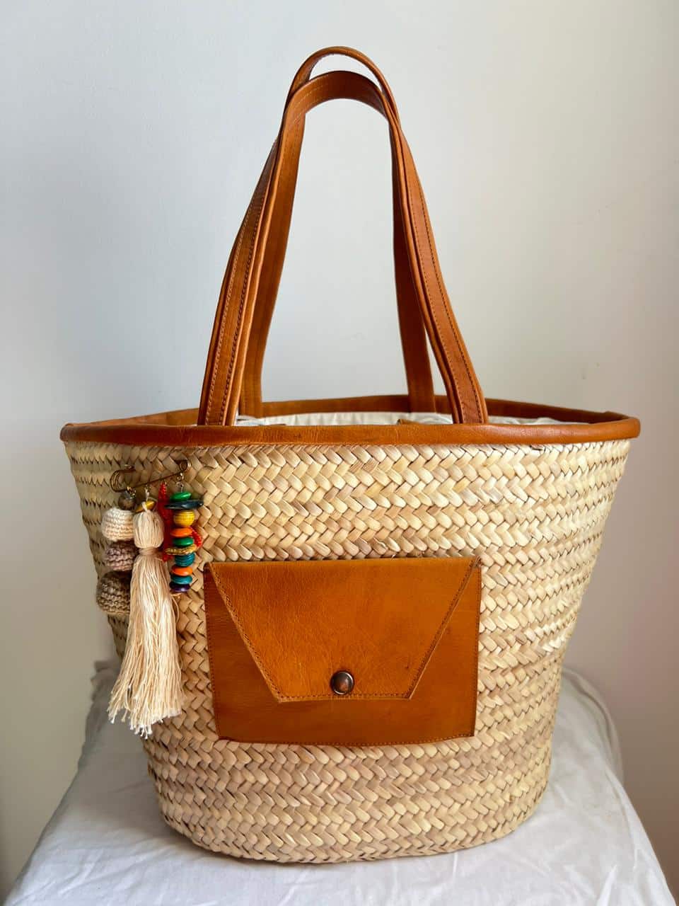 grand couffin avec poche en cuir - artisanat Tunisien fait main | ILEYCOM